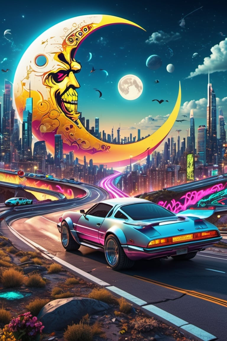 Cyber retro futuristic highway near city skyline, music note cars, birthday suit, giant moon, 4k, analog diffusion style, extremely detailed, insanely accurate detail, insanely intricate ultra-detailed, graffiti airbrushing techniques, high definition, accent lighting, contrasted with bright paint colors, by Squal92i