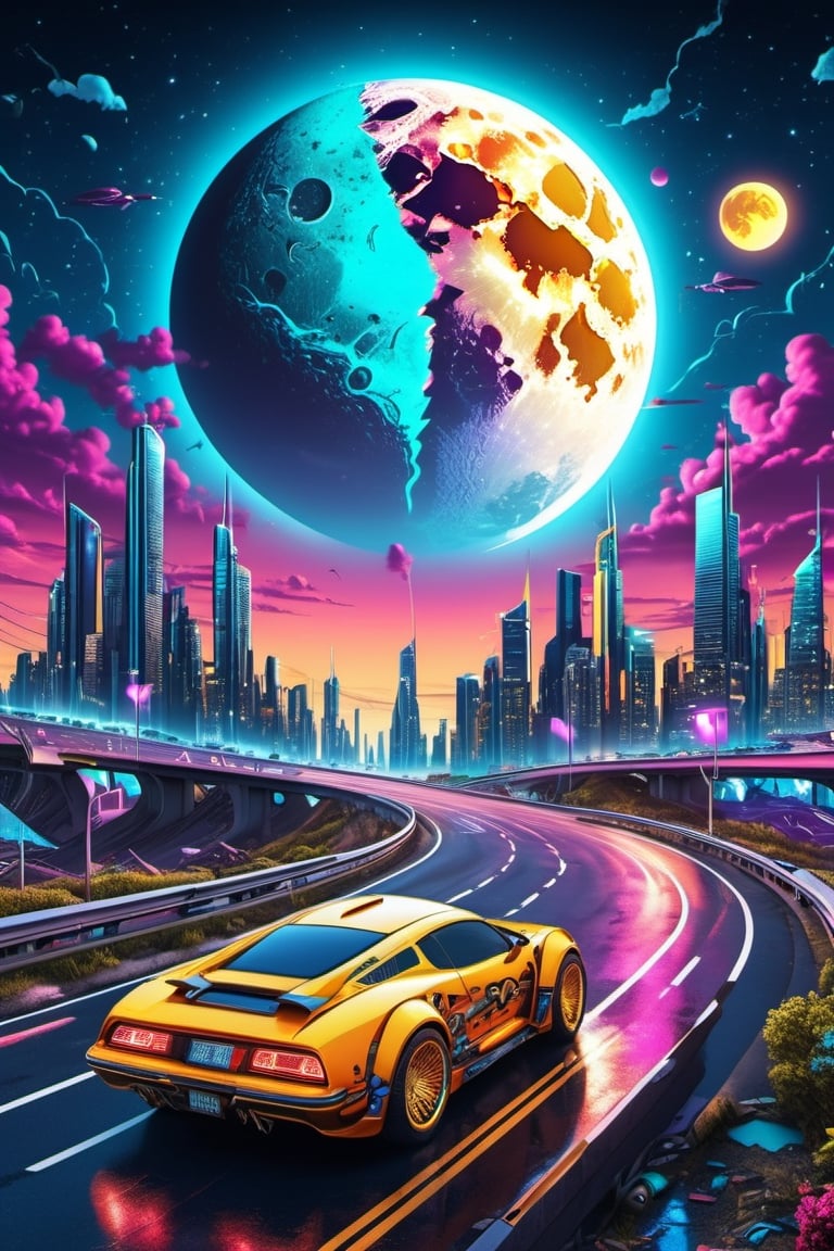 Cyber retro futuristic highway near city skyline, music note cars, birthday suit, giant moon, 4k, analog diffusion style, extremely detailed, insanely accurate detail, insanely intricate ultra-detailed, graffiti airbrushing techniques, high definition, accent lighting, contrasted with bright paint colors, by Squal92i