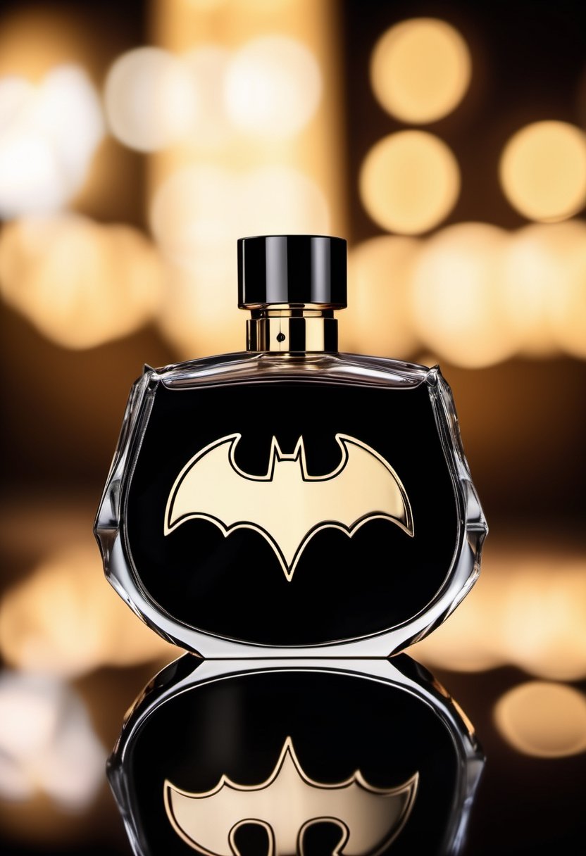 a luxury perfume bottle with logo of batman, high quality and cinematic photoshoot, 35mm photograph, film, bokeh, professional, 4k, highly detailed