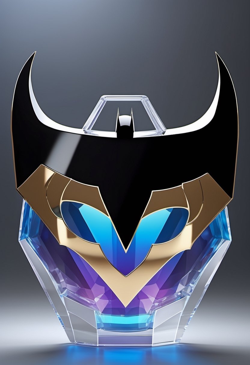 Generate an image of a high-tech, futuristic perfume bottle with a dynamic, holographic Batman logo that changes appearance when viewed from different angles, reflecting the essence of Batman's advanced gadgets.