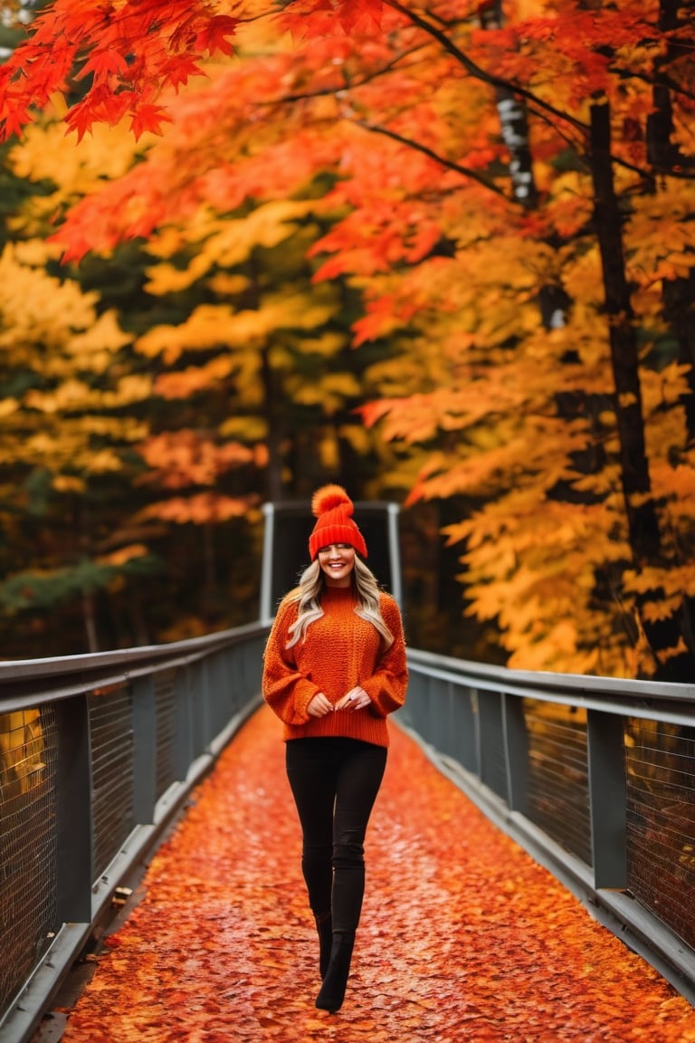 Professional portrait. a beautiful young woman walking across a bridge in the woods, pexels, canadian maple leaves on the ground. smile. red and orange vibrant colors. Detailed face. sweater and beenie. vibrant foliage, low camera angle. perspective. Extreme camera angle. fall season, golden hues, cozycore. High contrast. Soft smike., Mysterious