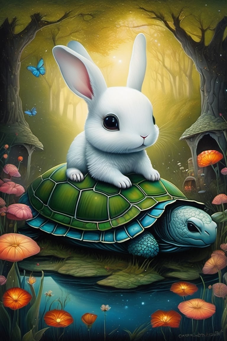 Asian folklore, ultra highly detailed, cinematic, 32k, detailed ink, acrylic, by Craola, Nicoletta Ceccoli, Beeple, Jeremiah Ketner Todd Lockwood, storybook illustration, cute tiny close up ghost rabbit sitting on the turtle, extremely big sharp glowing eyes, pond, forest, night, stars, starry sky, fairytale, storybook, mystical, highly detailed unusual highly detailed, intricated, intricated pose, masterpiece, high quality, vibrant colors, complex patterns, Mysterious