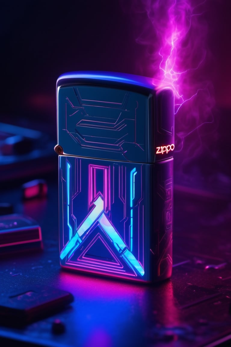 Visualize a Zippo lighter in a futuristic cyberpunk setting, featuring electrifying energy arcs and neon glow. Picture it surrounded by high-tech gadgets and futuristic props, capturing the essence of a cybernetic future.