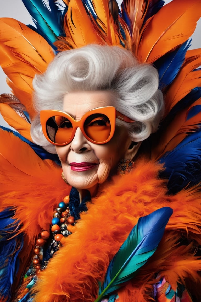 Full body standing cool looking Iris Apfel, multi-color feather dress, Annie Leibowitz, fashion, city, large orange-colored sunglasses, large puffy hair, Miki Asai Macro photography, close-up, hyper-detailed, trending on artstation, sharp focus, studio photo, intricate details, highly detailed, by Greg Rutkowski