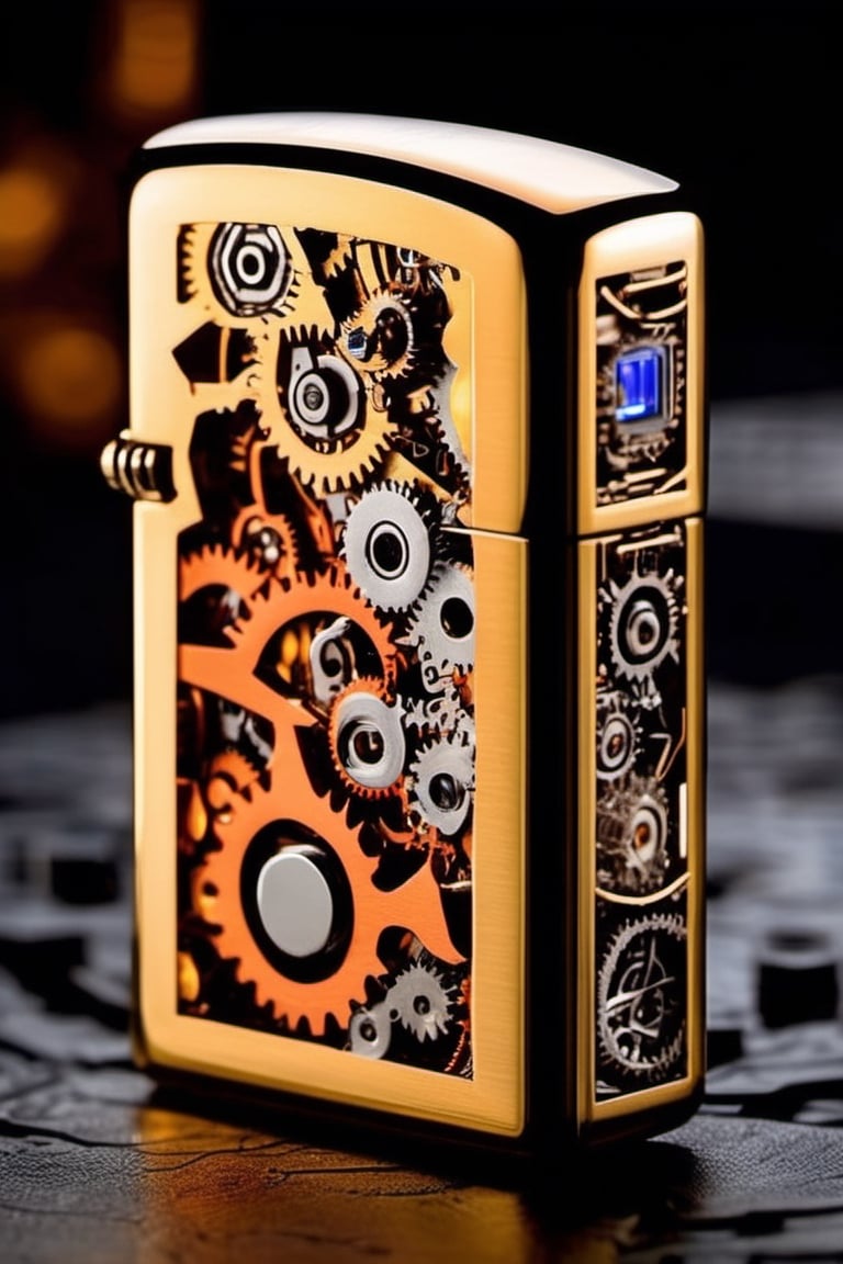 Visualize a Zippo lighter merging with biomechanical elements, such as gears, circuits, and robotic parts. Capture the seamless integration of organic and mechanical components, emphasizing the synergy between nature and technology.