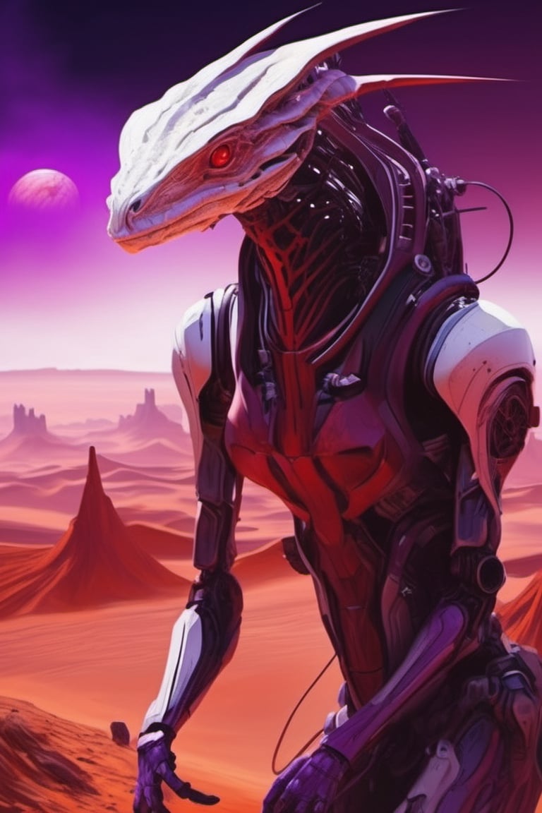 scifi style, mechatronic white lizard/alien humanoid, desert, red/purple alien-planet, smoke/fog/flame, horror/dark theme, vibrant deep colors