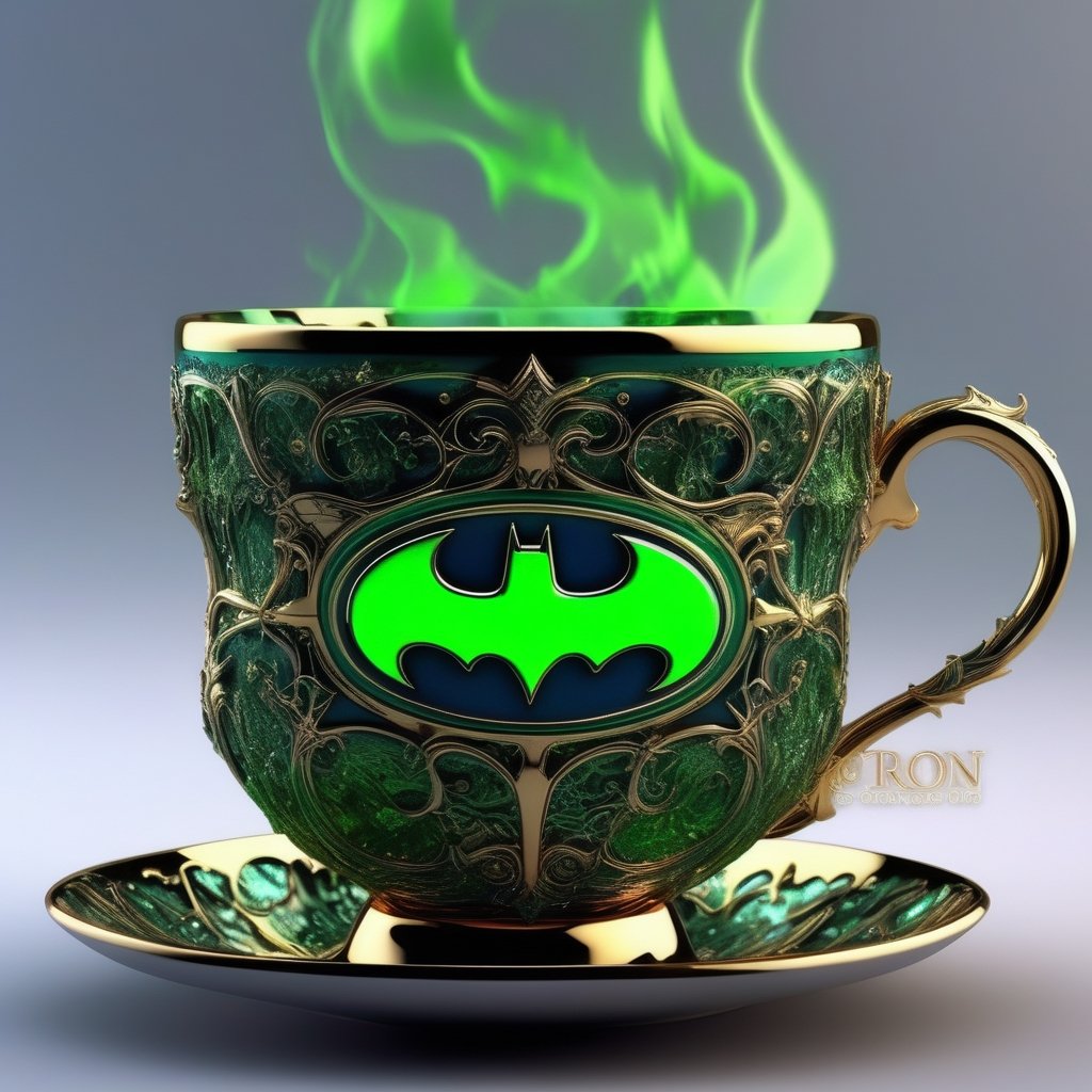 Green chrome beautiful detailed batman design on ultra detailed hot teacup with text on the teacup that saying " BoneAge ", total mind blowing background, witchcraft, ultra realistic Textures, volumetric steam, text saying BoneAge, rune symbols on the teacup, ultra realistic, ultra realistic detailed reflections, fluid Splash style, crystal, complex Details, 3d animated painting, beautiful abstract art style, signature, by BoneAge