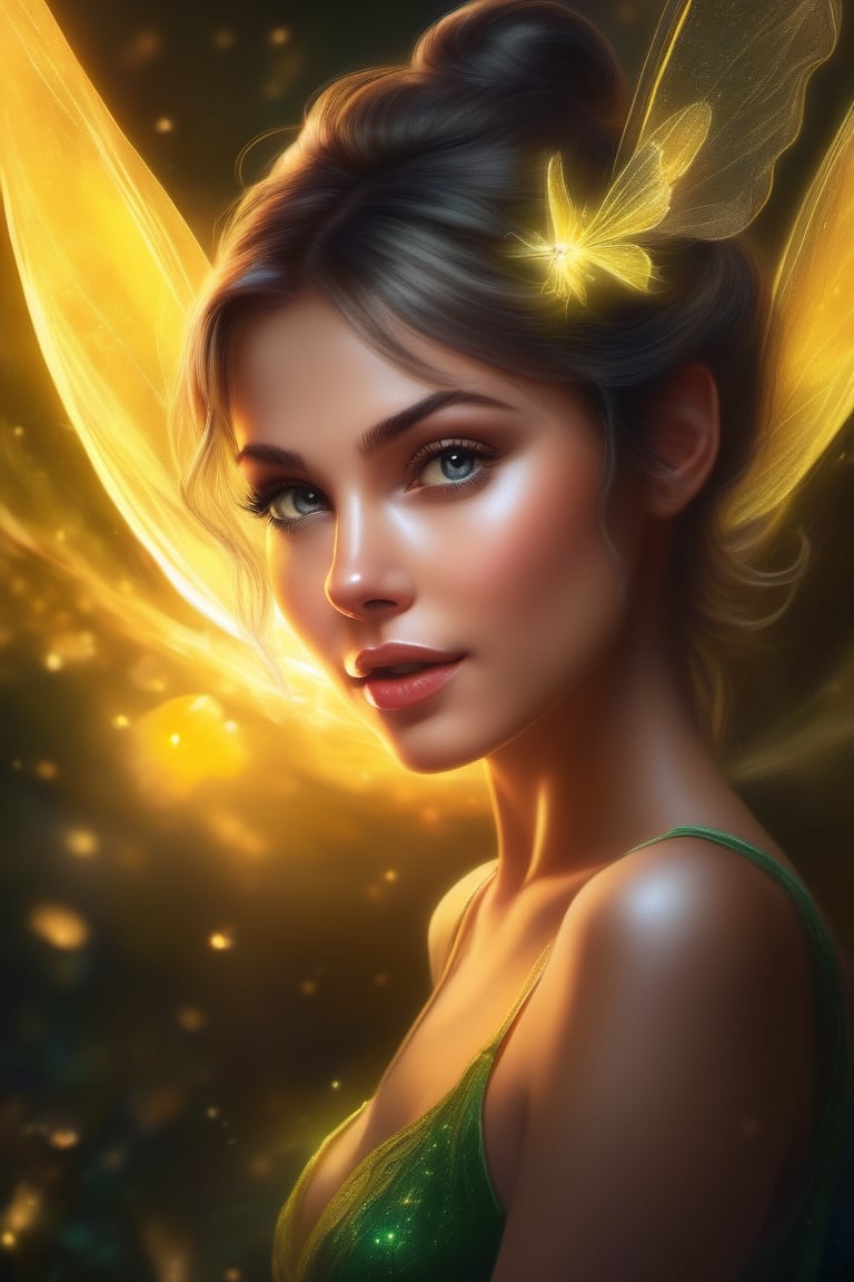 art by Jirka Vinse Jonatan Väätäinen, a hyper-realistic illustration of [Tinkerbell, nymph, as a real tiny shiny person, surrounded by an aura of glowing yellow light that spreads from his body in all directions, bun hair, fairy dust, uhd image, high details with rich colors, clear facial features, highly detailed eyes, cinematic, 90 mm lens, f/1.8, accent lighting, cinematic lighting, eyes, perfect, realistic eyes, digital painting, intricate, highly detailed, high quality, perfect composition, by Jirka Vinse Jonatan Väätäinen