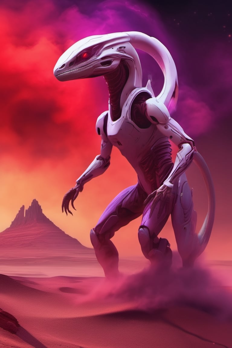 scifi style, mechatronic white lizard/alien humanoid, desert, red/purple alien-planet, smoke/fog/flame, horror/dark theme, vibrant deep colors