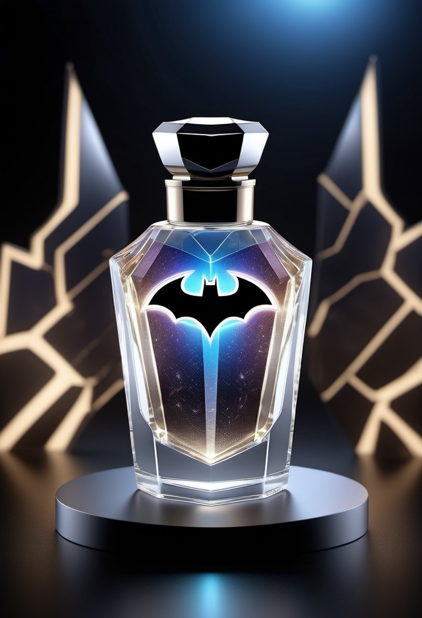 Generate an image of a high-tech, futuristic perfume bottle with a dynamic, holographic Batman logo that changes appearance when viewed from different angles, reflecting the essence of Batman's advanced gadgets.