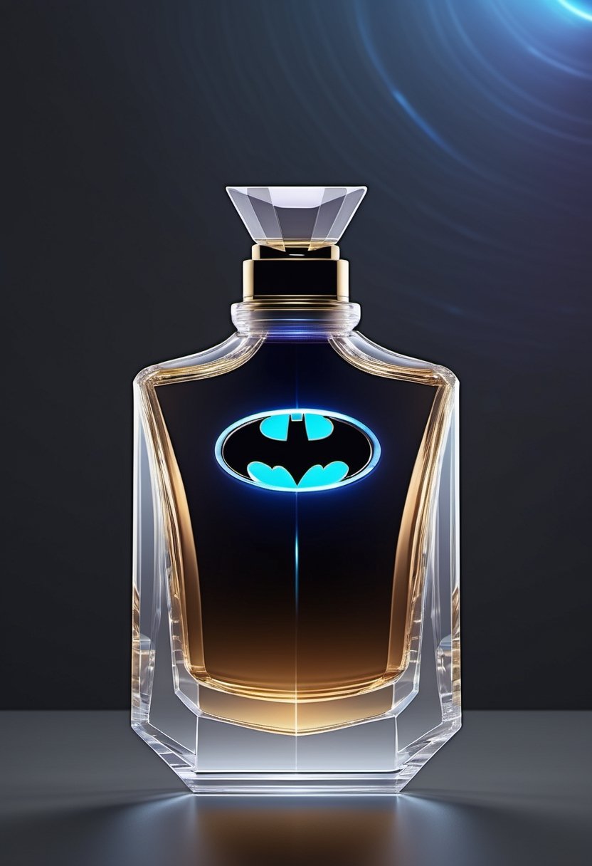 Generate an image of a high-tech, futuristic perfume bottle with a dynamic, holographic Batman logo that changes appearance when viewed from different angles, reflecting the essence of Batman's advanced gadgets.