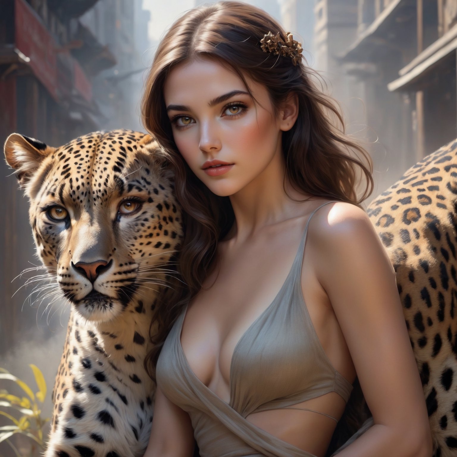 Stunning girl with brown hair and an american leopard, her arms are around the neck of the leopard, beautiful face, sharp eyes, highly detailed, sharp image, Intricate pose, clarity, Soft lighting, High image quality, Oil paint, ancient painting, ancient art, art by Lee Bogle, cinematic, 4k, epic Steven Spielberg movie still, sharp focus, emitting diodes, smoke, artillery, sparks, racks, system unit, motherboard, by pascal blanche rutkowski repin artstation hyperrealism painting concept art of detailed character design matte painting, 4k resolution blade runner, Mysterious