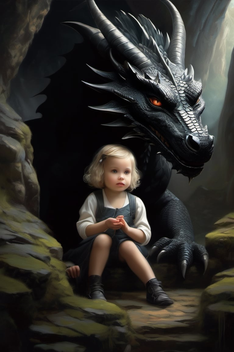 an enchanting artwork that seamlessly blends the unique styles of Tom Bagshaw and Simon Bisley. In this composition, depict a young child alongside an irresistibly adorable black dragon, both nestled within the mystical, dark confines of a cave. Ensure the artwork is in 4K resolution, allowing for stunning clarity and detail. Maintain sharp focus on the child and the dragon, drawing the viewer into their fantastical world. The cave should be a surreal and captivating realm, filled with intricate details that evoke a sense of mystique and wonder. Balance the composition to emphasize the interaction between the child and the dragon, conveying a profound connection and trust. Infuse the scene with elements of surrealism, creating an atmosphere that blurs the line between reality and the supernatural. Use realistic rendering techniques to bring out the texture and character of both the child and the dragon. Introduce depth of field to create a sense of dimension and focus, gently blurring the background while keeping the child and dragon at the center of the viewer's attention.