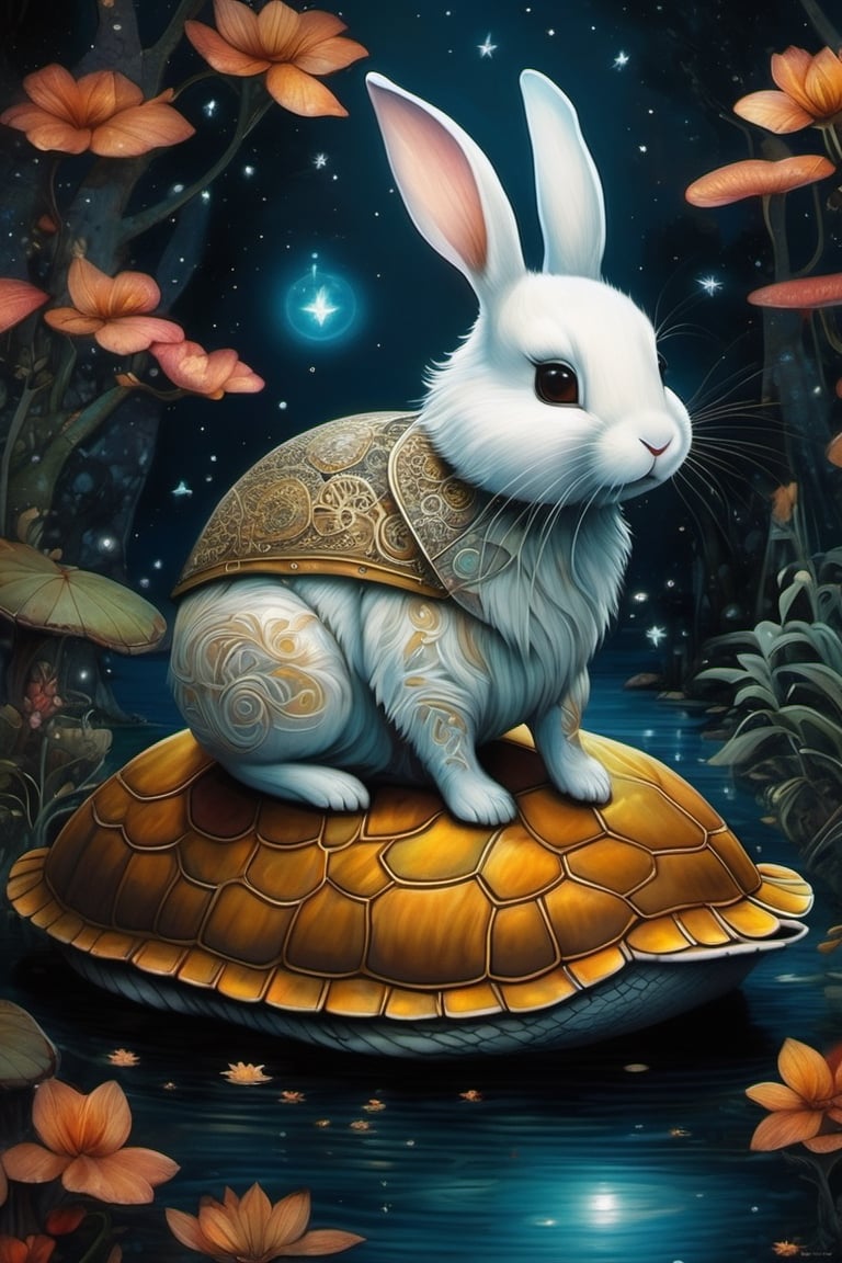 Asian folklore, ultra highly detailed, cinematic, 32k, detailed ink, acrylic, by Craola, Nicoletta Ceccoli, Beeple, Jeremiah Ketner Todd Lockwood, storybook illustration, cute tiny close up ghost rabbit sitting on the turtle, extremely big sharp glowing eyes, pond, forest, night, stars, starry sky, fairytale, storybook, mystical, highly detailed unusual highly detailed, intricated, intricated pose, masterpiece, high quality, vibrant colors, complex patterns, Mysterious