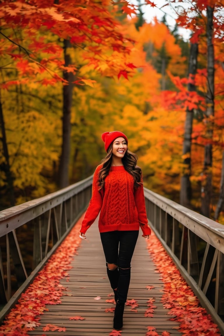 Professional portrait. a beautiful young woman walking across a bridge in the woods, pexels, canadian maple leaves on the ground. smile. red and orange vibrant colors. Detailed face. sweater and beenie. vibrant foliage, low camera angle. perspective. Extreme camera angle. fall season, golden hues, cozycore. High contrast. Soft smike., Mysterious