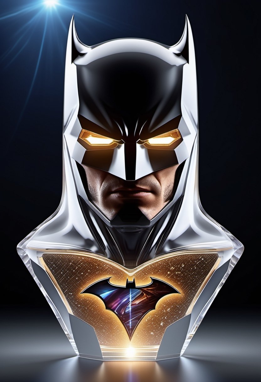 Generate an image of a high-tech, futuristic perfume bottle with a dynamic, holographic Batman logo that changes appearance when viewed from different angles, reflecting the essence of Batman's advanced gadgets.