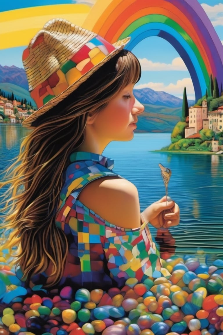 3D jigsaw puzzle of an Italian girl enjoying the sunshine at a rainbow over a fantastic Italin lake town, Tiffany, fantasy art, encaustic art, abstract expressionism, fauvism, sci-fi, impasto, sfumato, fibonacci, op art, filigre, zentangle, tattoo, Andy Kehoe, Giger, Tyler Kirkham, Todd McFarlane, Carl Barks, reflective water, Bridget Riley