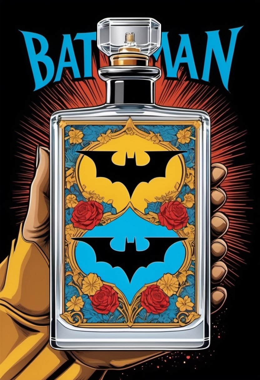 Create an image of a vintage-inspired perfume bottle that pays homage to the classic Batman logo from the comics or the 1960s TV series. Use retro design elements and fonts to evoke nostalgia.,photo r3al