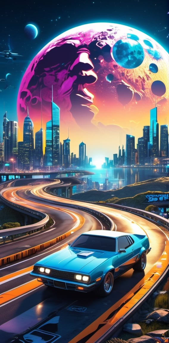 Cyber retro futuristic highway near city skyline, music note cars, birthday suit, giant moon, 4k, analog diffusion style, extremely detailed, insanely accurate detail, insanely intricate ultra-detailed, graffiti airbrushing techniques, high definition, accent lighting, contrasted with bright paint colors, by Squal92i