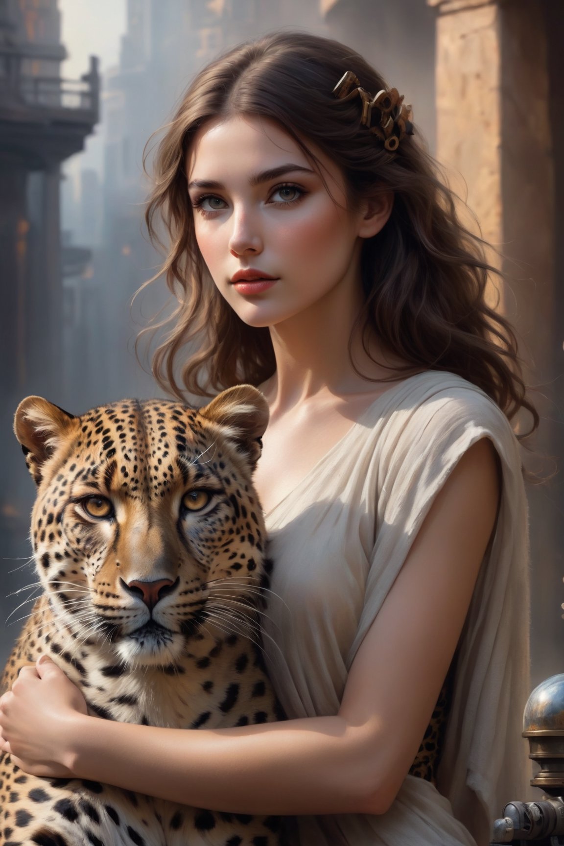 Stunning girl with brown hair and an american leopard, her arms are around the neck of the leopard, beautiful face, sharp eyes, highly detailed, sharp image, Intricate pose, clarity, Soft lighting, High image quality, Oil paint, ancient painting, ancient art, art by Lee Bogle, cinematic, 4k, epic Steven Spielberg movie still, sharp focus, emitting diodes, smoke, artillery, sparks, racks, system unit, motherboard, by pascal blanche rutkowski repin artstation hyperrealism painting concept art of detailed character design matte painting, 4k resolution blade runner, Mysterious