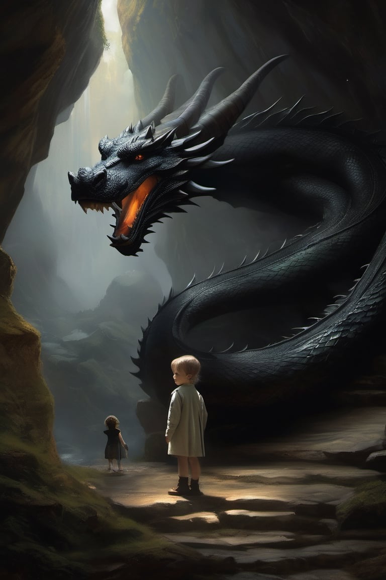 an enchanting artwork that seamlessly blends the unique styles of Tom Bagshaw and Simon Bisley. In this composition, depict a young child alongside an irresistibly adorable black dragon, both nestled within the mystical, dark confines of a cave. Ensure the artwork is in 4K resolution, allowing for stunning clarity and detail. Maintain sharp focus on the child and the dragon, drawing the viewer into their fantastical world. The cave should be a surreal and captivating realm, filled with intricate details that evoke a sense of mystique and wonder. Balance the composition to emphasize the interaction between the child and the dragon, conveying a profound connection and trust. Infuse the scene with elements of surrealism, creating an atmosphere that blurs the line between reality and the supernatural. Use realistic rendering techniques to bring out the texture and character of both the child and the dragon. Introduce depth of field to create a sense of dimension and focus, gently blurring the background while keeping the child and dragon at the center of the viewer's attention.