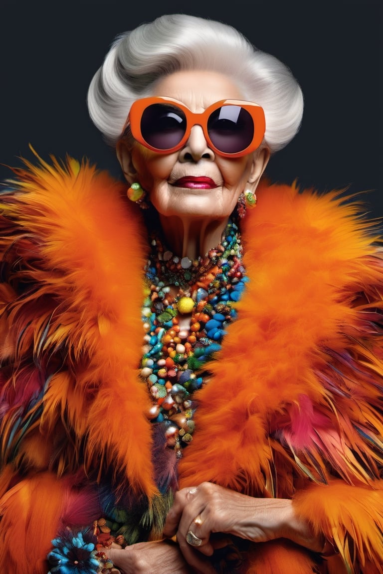 Full body standing cool looking Iris Apfel, multi-color feather dress, Annie Leibowitz, fashion, city, large orange-colored sunglasses, large puffy hair, Miki Asai Macro photography, close-up, hyper-detailed, trending on artstation, sharp focus, studio photo, intricate details, highly detailed, by Greg Rutkowski