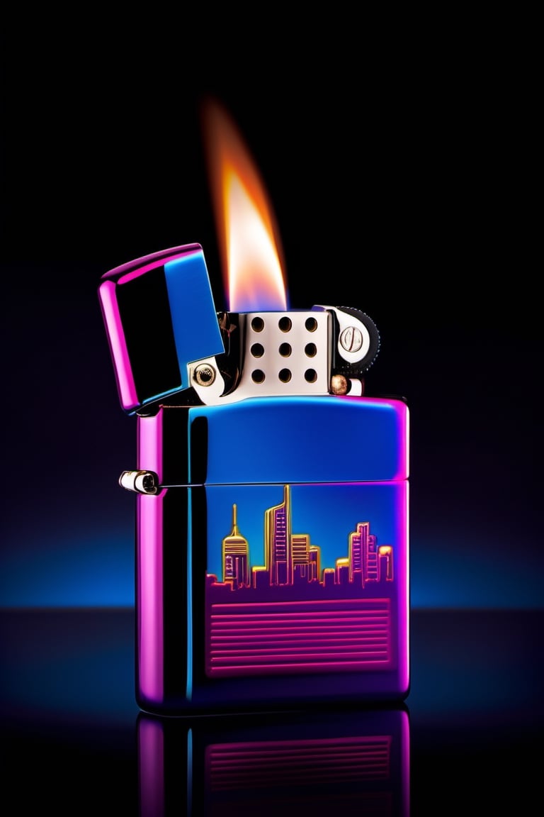 Visualize a Zippo lighter emitting vibrant neon lights, with futuristic cityscapes reflected on its metallic surface. Capture the play of light and shadows, emphasizing the sleek lines and modern aesthetic.