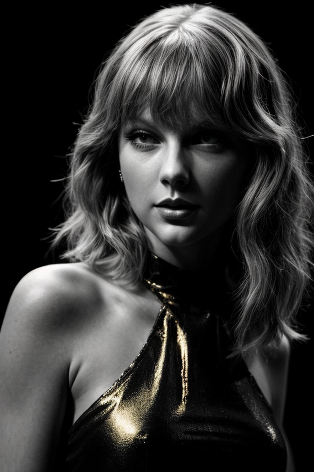 liquid paint with gold on black background. Photo of a beautiful dark English singer Taylor Swift
 in black-white. close up, 