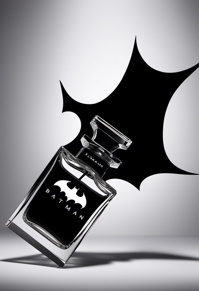 Create an image of a sleek, black perfume bottle with the iconic Batman logo engraved or etched onto the glass. Highlight the bottle's minimalist design and the logo's subtle sophistication.