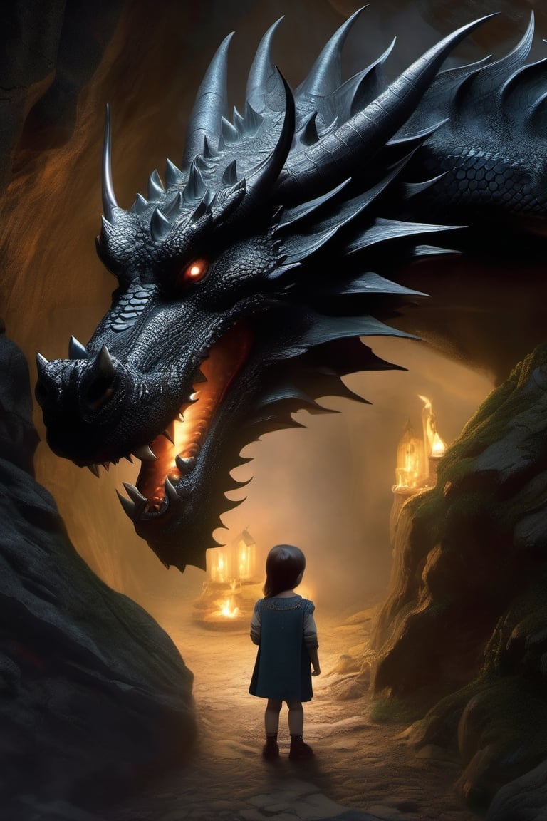 an enchanting artwork that seamlessly blends the unique styles of Tom Bagshaw and Simon Bisley. In this composition, depict a young child alongside an irresistibly adorable black dragon, both nestled within the mystical, dark confines of a cave. Ensure the artwork is in 4K resolution, allowing for stunning clarity and detail. Maintain sharp focus on the child and the dragon, drawing the viewer into their fantastical world. The cave should be a surreal and captivating realm, filled with intricate details that evoke a sense of mystique and wonder. Balance the composition to emphasize the interaction between the child and the dragon, conveying a profound connection and trust. Infuse the scene with elements of surrealism, creating an atmosphere that blurs the line between reality and the supernatural. Use realistic rendering techniques to bring out the texture and character of both the child and the dragon. Introduce depth of field to create a sense of dimension and focus, gently blurring the background while keeping the child and dragon at the center of the viewer's attention.