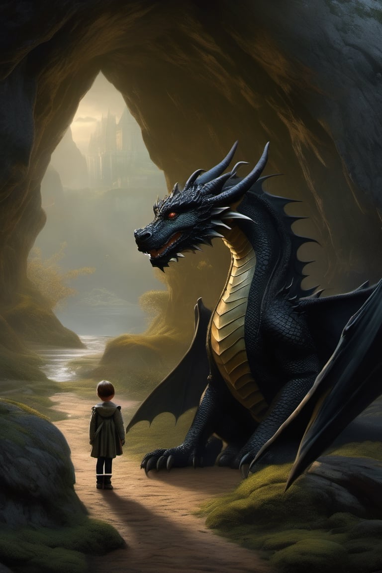 an enchanting artwork that seamlessly blends the unique styles of Tom Bagshaw and Simon Bisley. In this composition, depict a young child alongside an irresistibly adorable black dragon, both nestled within the mystical, dark confines of a cave. Ensure the artwork is in 4K resolution, allowing for stunning clarity and detail. Maintain sharp focus on the child and the dragon, drawing the viewer into their fantastical world. The cave should be a surreal and captivating realm, filled with intricate details that evoke a sense of mystique and wonder. Balance the composition to emphasize the interaction between the child and the dragon, conveying a profound connection and trust. Infuse the scene with elements of surrealism, creating an atmosphere that blurs the line between reality and the supernatural. Use realistic rendering techniques to bring out the texture and character of both the child and the dragon. Introduce depth of field to create a sense of dimension and focus, gently blurring the background while keeping the child and dragon at the center of the viewer's attention.