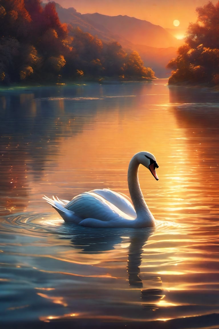 Swan, gorgeous, glittering, shimmering water surface, against the evening sunset, body in scrapbooking patterns, digital graphics, luminism, unreal engine, blender art by artgerm, perfect composition, octane rendering, masterpiece, sharp focus, ultra-realistic, dramatic, fantastic, highly detailed, art station, concept art, perfect composition, complex artistic masterpiece, saturated colours, cinematic visualisation, a model of ultra-high quality, majestic, perfect play of light and shadow, 32k UHD, a complex artistic masterpiece, epic, ultra-high-definition model, hyper-detailing, art direction, sharp focus, intricate details