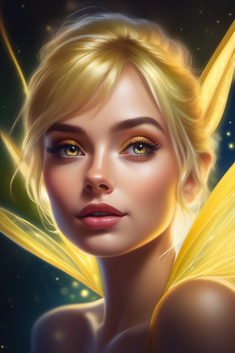 art by Jirka Vinse Jonatan Väätäinen, a hyper-realistic illustration of [Tinkerbell, nymph, as a real tiny shiny person, surrounded by an aura of glowing yellow light that spreads from his body in all directions, bun hair, fairy dust, uhd image, high details with rich colors, clear facial features, highly detailed eyes, cinematic, 90 mm lens, f/1.8, accent lighting, cinematic lighting, eyes, perfect, realistic eyes, digital painting, intricate, highly detailed, high quality, perfect composition, by Jirka Vinse Jonatan Väätäinen