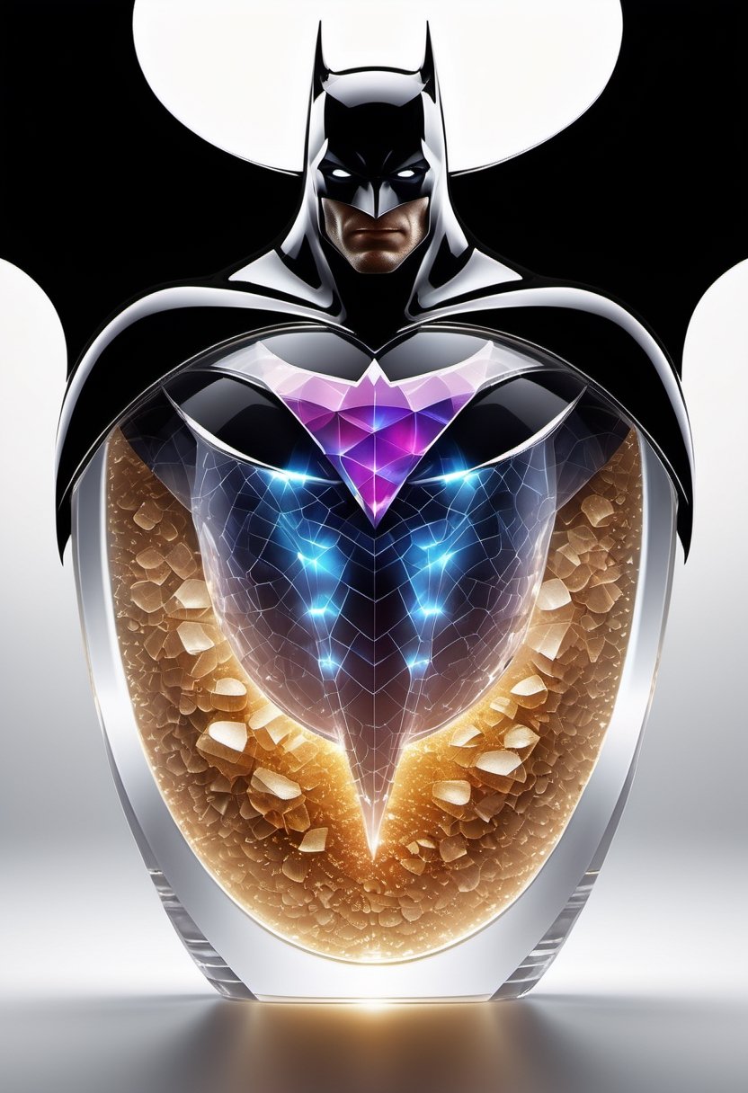 Generate an image of a high-tech, futuristic perfume bottle with a dynamic, holographic Batman logo that changes appearance when viewed from different angles, reflecting the essence of Batman's advanced gadgets.