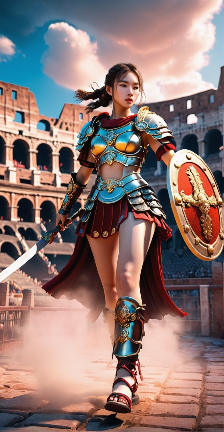 Roman Gladiator Girl 3D Game Character Model**: Enter the arena as a valiant Roman gladiator, equipped with iconic weaponry and ancient colosseum settings.
,huayu,candyseul,mythical clouds,neon photography style