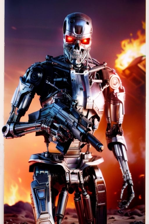 (lora:T800Endoskeleton-10::0.8),RAW photo,real life,absurdres,high quality,photorealistic,detailed, (realistic::1.3), ((solo::1.3),dynamic pose,a high resolution comic book art photo of a T800Endoskeleton robot with red eyes and metal skull face and chrome metal body and holding a futuristic gun shooting lasers,standing on a hill of skulls,dark sky and fire and flames and smoke and explosions and robots and post apocalypse war in the background,cinematic,atmospheric,8k,realistic lighting,shot by Hassleblad H6D,Zeiss,Kodachrome,nikon,50mm 1.2 lens,Octane Render,ultra realistic,realistic lighting,photorealistic,photorealism,photoreal,unreal engine 5,Adobe After FX,highly detailed,intricate detail
