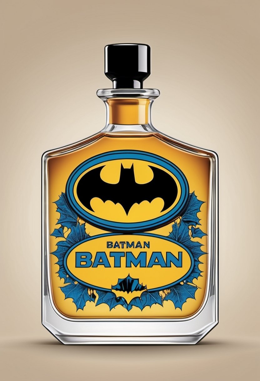 Create an image of a vintage-inspired perfume bottle that pays homage to the classic Batman logo from the comics or the 1960s TV series. Use retro design elements and fonts to evoke nostalgia.,photo r3al