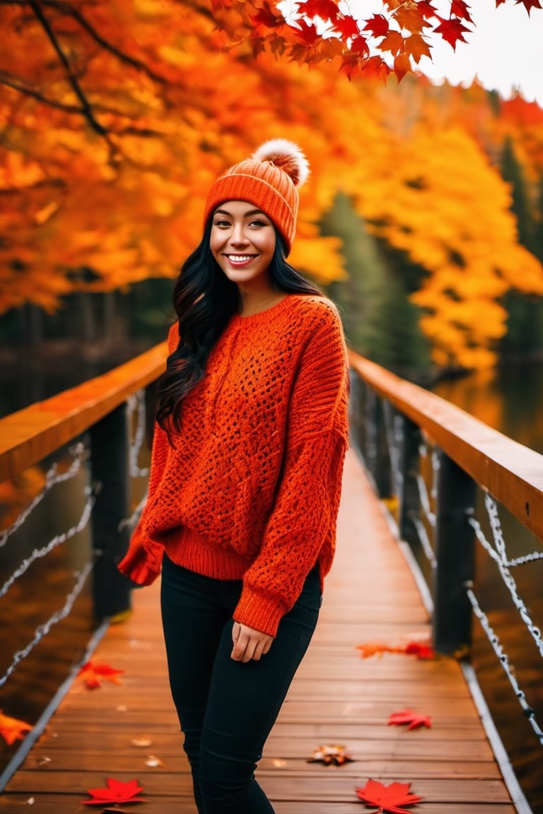 Professional portrait. a beautiful young woman walking across a bridge in the woods, pexels, canadian maple leaves on the ground. smile. red and orange vibrant colors. Detailed face. sweater and beenie. vibrant foliage, low camera angle. perspective. Extreme camera angle. fall season, golden hues, cozycore. High contrast. Soft smike., Mysterious