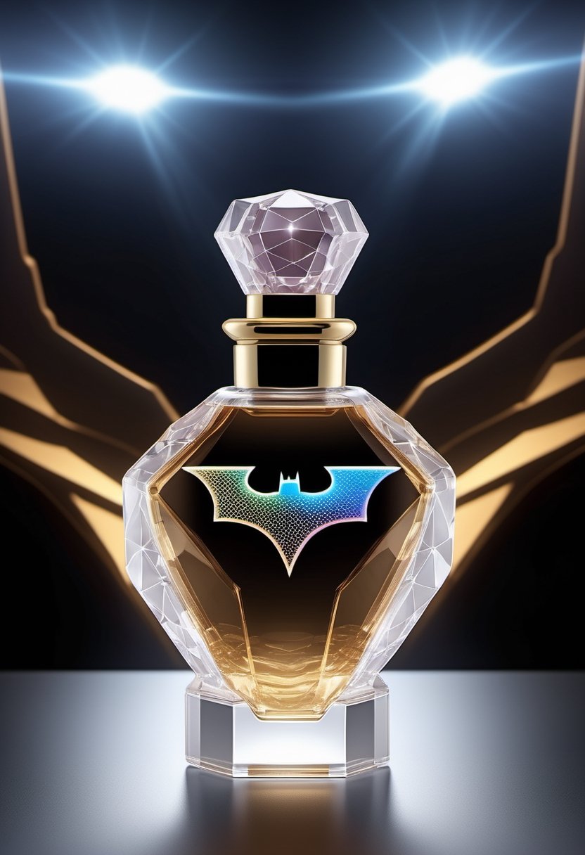 Generate an image of a high-tech, futuristic perfume bottle with a dynamic, holographic Batman logo that changes appearance when viewed from different angles, reflecting the essence of Batman's advanced gadgets.