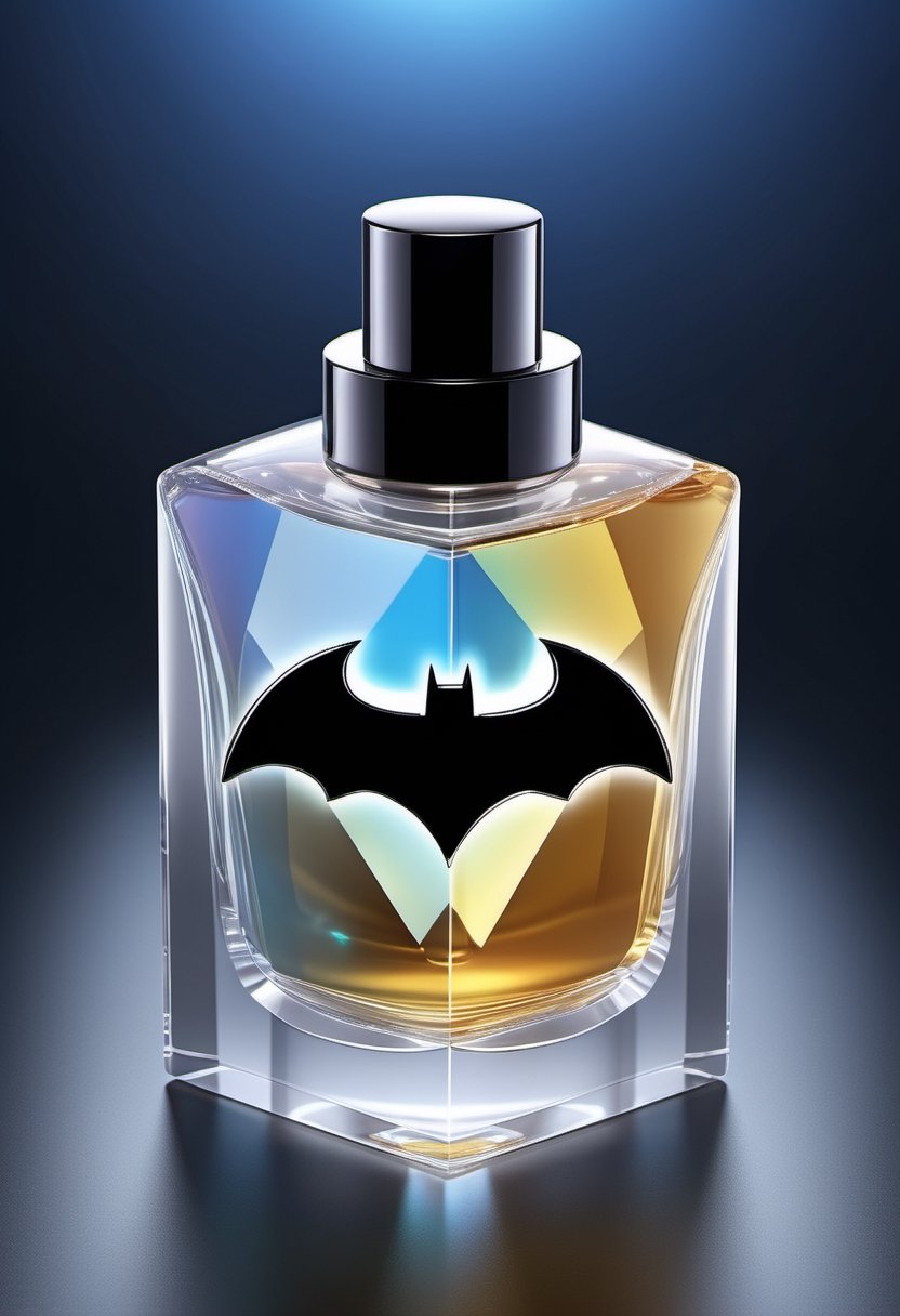 Generate an image of a high-tech, futuristic perfume bottle with a dynamic, holographic Batman logo that changes appearance when viewed from different angles, reflecting the essence of Batman's advanced gadgets.