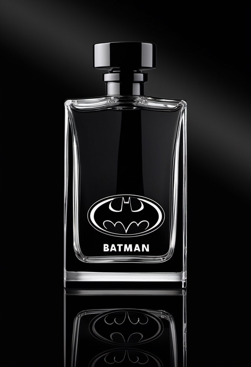 Create an image of a sleek, black perfume bottle with the iconic Batman logo engraved or etched onto the glass. Highlight the bottle's minimalist design and the logo's subtle sophistication.