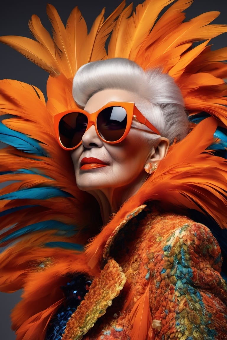 Full body standing cool looking Iris Apfel, multi-color feather dress, Annie Leibowitz, fashion, city, large orange-colored sunglasses, large puffy hair, Miki Asai Macro photography, close-up, hyper-detailed, trending on artstation, sharp focus, studio photo, intricate details, highly detailed, by Greg Rutkowski