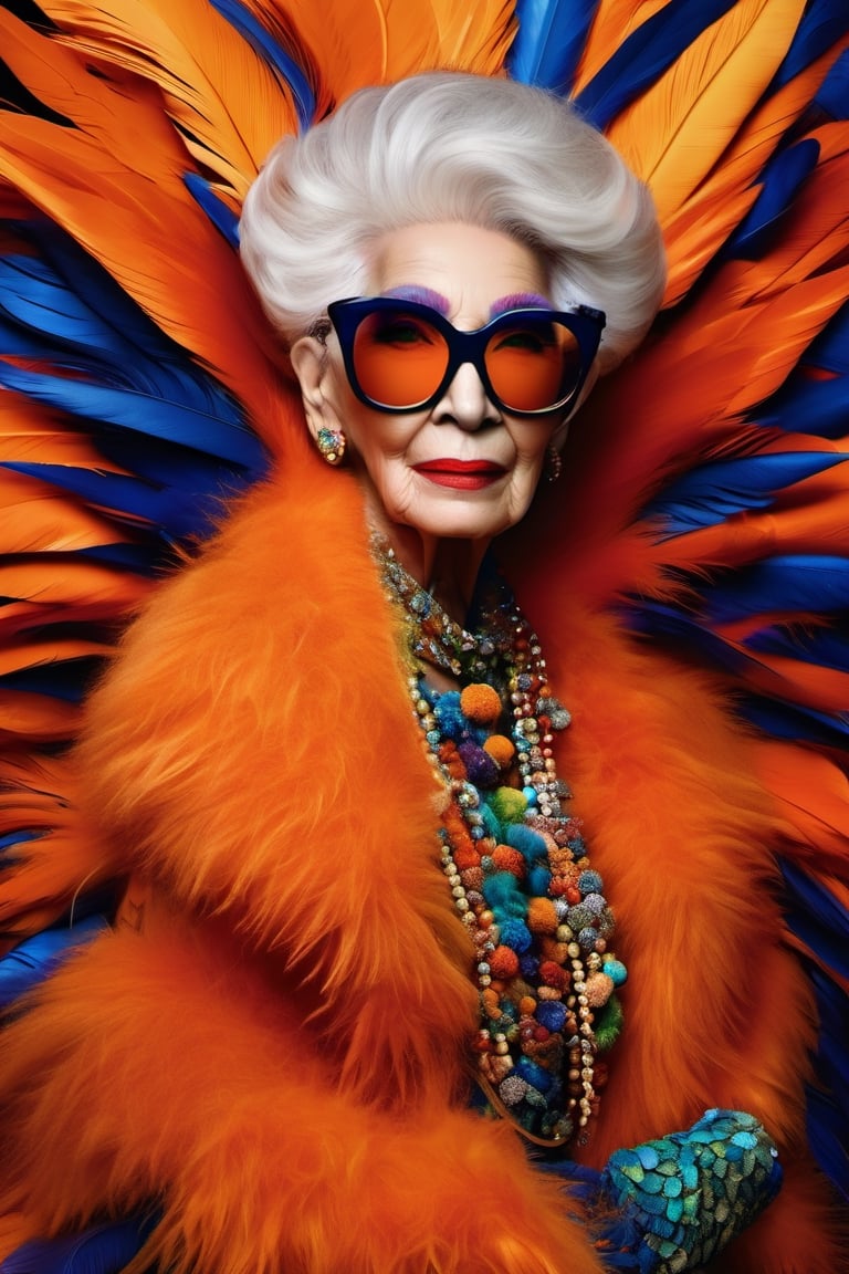 Full body standing cool looking Iris Apfel, multi-color feather dress, Annie Leibowitz, fashion, city, large orange-colored sunglasses, large puffy hair, Miki Asai Macro photography, close-up, hyper-detailed, trending on artstation, sharp focus, studio photo, intricate details, highly detailed, by Greg Rutkowski