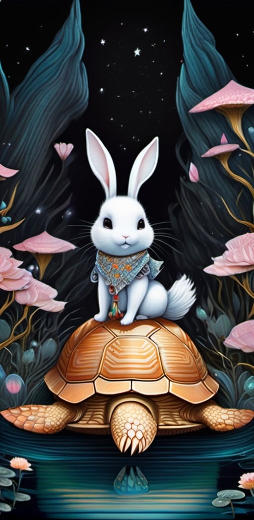 Asian folklore, ultra highly detailed, cinematic, 32k, detailed ink, acrylic, by Craola, Nicoletta Ceccoli, Beeple, Jeremiah Ketner Todd Lockwood, storybook illustration, cute tiny close up ghost rabbit sitting on the turtle, extremely big sharp glowing eyes, pond, forest, night, stars, starry sky, fairytale, storybook, mystical, highly detailed unusual highly detailed, intricated, intricated pose, masterpiece, high quality, vibrant colors, complex patterns, Mysterious