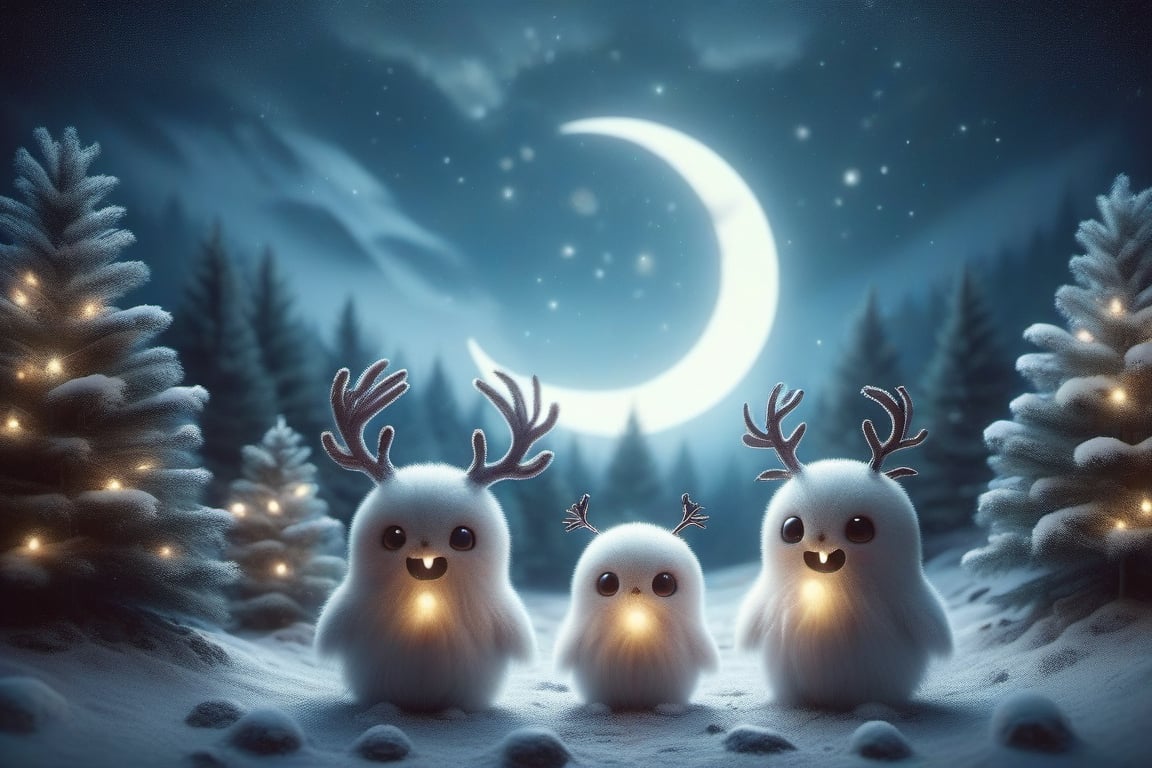 five cute chibi ghost snowmen with deer horns , standing,fighting pose,Led lights body , sexy, mountain, moon, stars, valley, gnarly pine trees,xxmixgirl,ral-chrcrts,ghost person