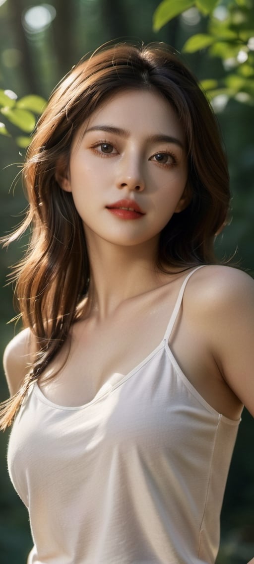 (masterpiece, Best Quality, photorealistic, ultra-detailed, finely detail, high resolution, 8K wallpaper), a close-up portrait of 1 beautiful woman, standing in the forest, have a big stretch in the morning, facing the sunshine, smiling happily, light-brown messy long hair, untidy hair, in silver tank top, armpits, sharp-focus, large-sized breasts, cleavage, perfect dynamic composition, beautiful detailed eyes, detailed hair, detailed realistic skin texture, strong morning sunlight,LinkGirl