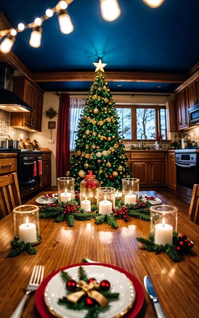 ((RAW, analog style, 8k uhd)), interior view of a house, Christmas tree, decoration, Christmas theme of 80s, On Christmas night, alone, kitchen table, festive surroundings, mini\(ttp\), (8k, RAW photo, best quality, masterpiece:1.2), cyberpunk city, isometric, miniature, landscape, in glass lantern, glowing bulbs on top of every house, ,cowboy shot