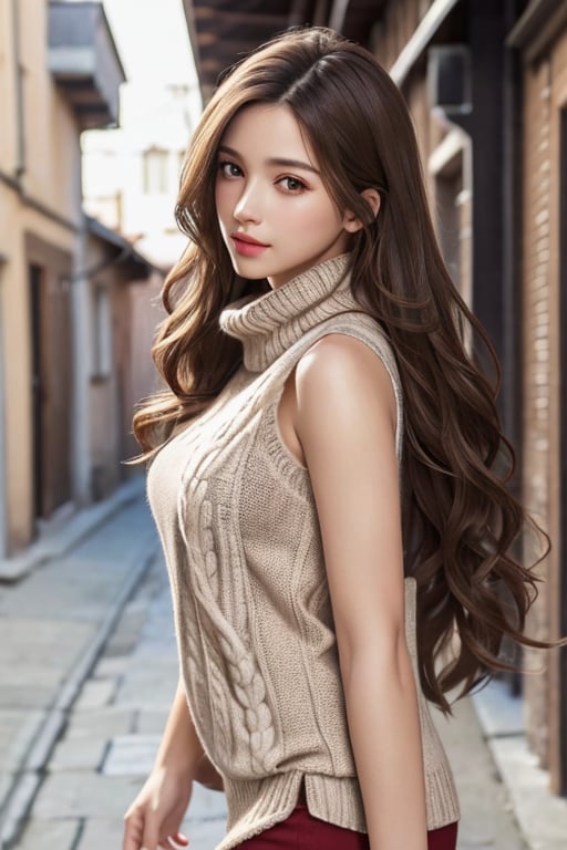 photorealistic, raw photo, best quality, ultra detailed, masterpiece, virgin killer sweater, 1girl, solo, long hair, medium breasts, walking, outdoor, alley, sleeveless,  side_boobs, brown long wavy hair, adorable young girl, alluring face, detailed skin, pore, detailed background, inticate detailed, depth of field, low key, perfect female body