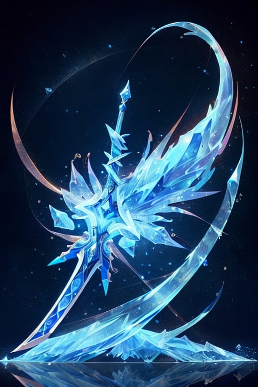 A long, slender sword made of pure blue ice. The blade is decorated with intricate carvings of blue roses. A sword embedded in an ice glacier, in the background are beautiful blue ice roses.,DonMF41ryW1ng5