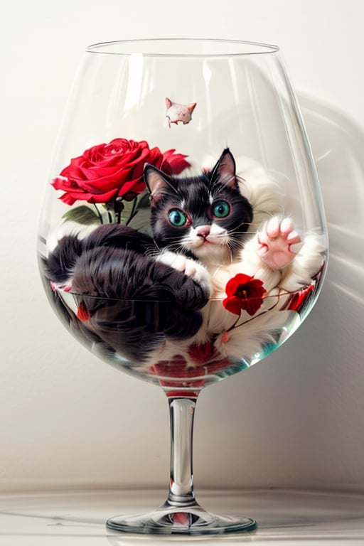 Cute tiny little kitty, poking out of a wine glass , cats are water,cat, furry, cute, detailed background, one cat only